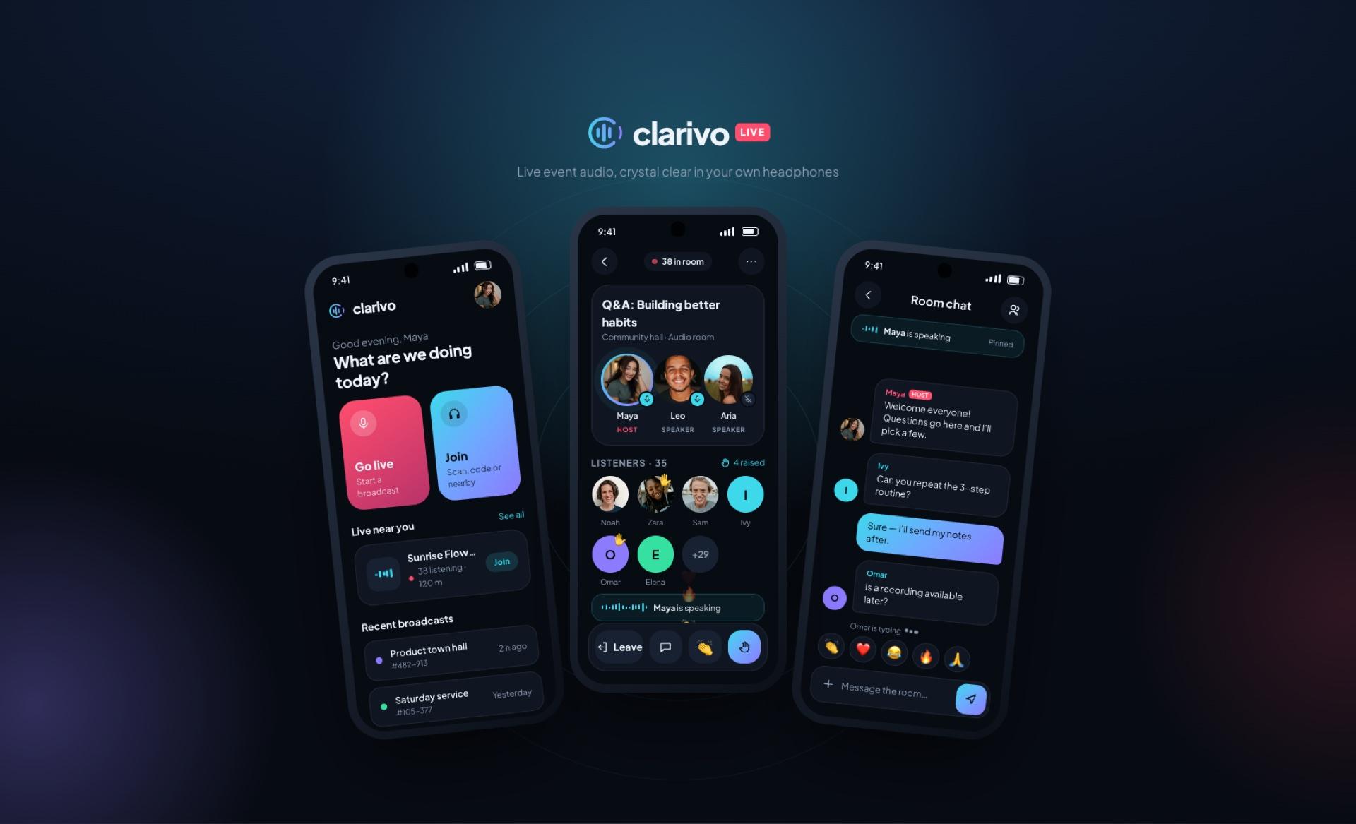 Clarivo app: three dark phone screens showing the home screen, a live audio room with speakers and listeners, and the room chat