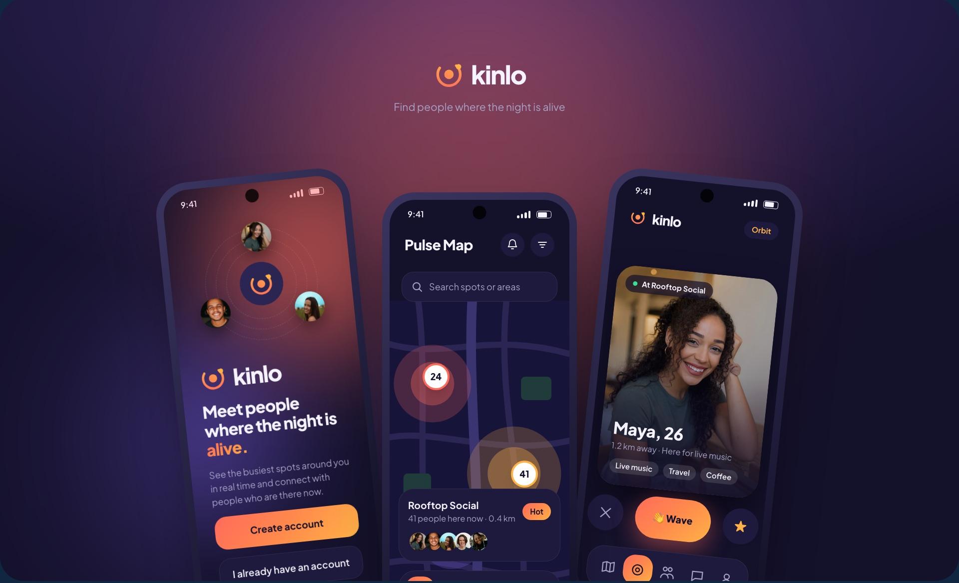 Kinlo app: three phone screens showing the welcome screen, the live Pulse Map, and the Orbit profile deck