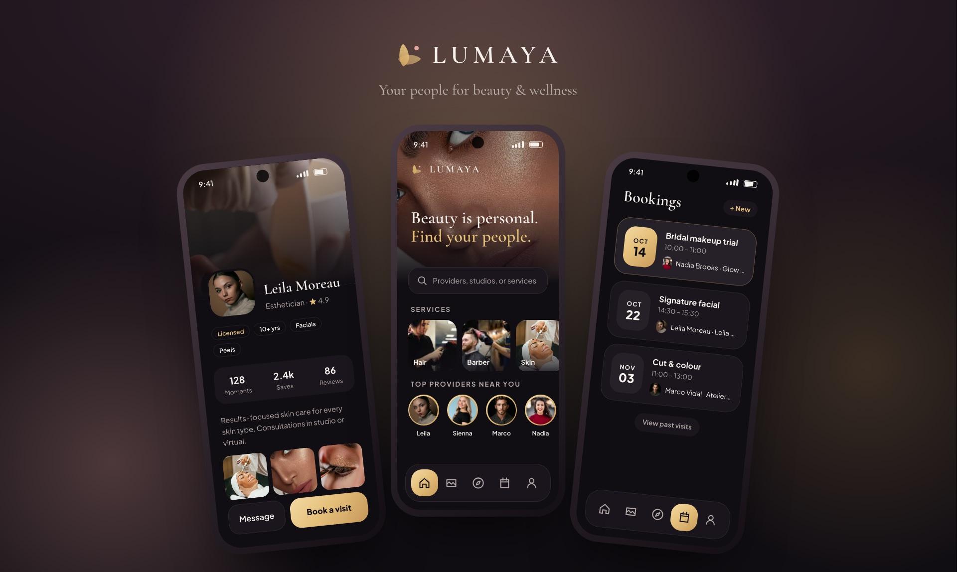 Lumaya app: three phone screens showing an artist profile, the home screen, and upcoming bookings in a dark, champagne-accented theme